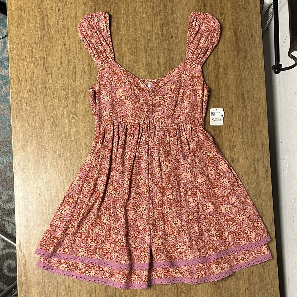 Free people nwt Tabitha babydoll purple pink rose petal combo print mini dress - Picture 3 of 11